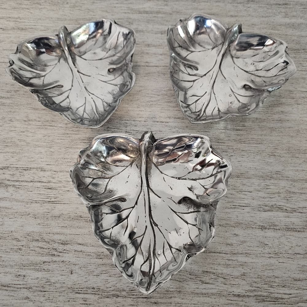 (X3) Leaf Design Trays Antique Silver Plated Decor Trinket Coin Ring